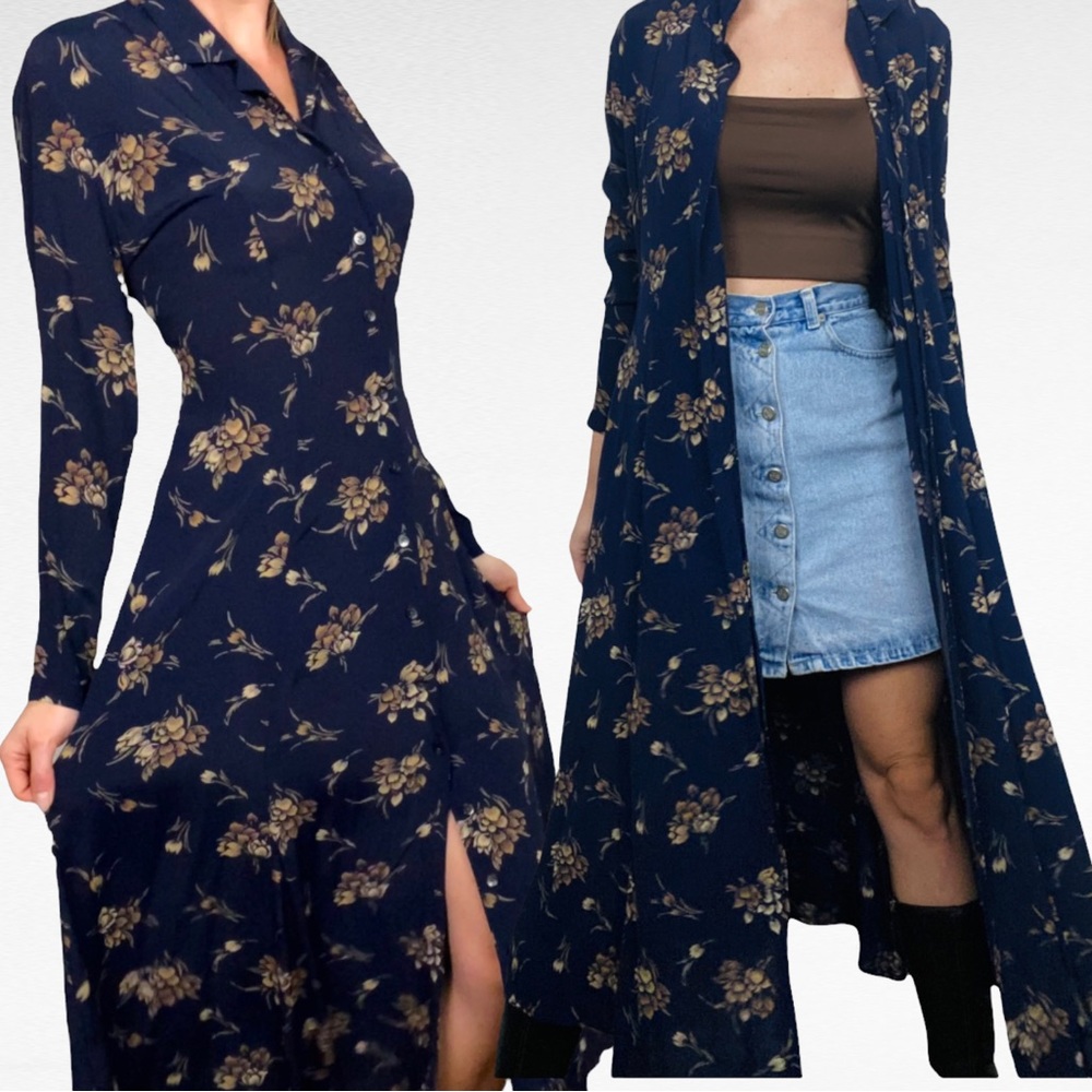 VINTAGE | Eddie Bauer Navy Blue Long Sleeve Floral Button Down Front Shirt Dress